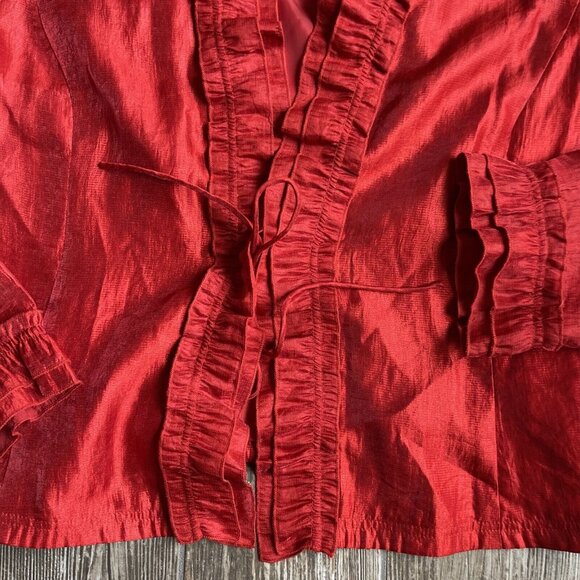 Rafael Jacket Womens 16 Jacket Long Sleeve Red Ruffle Tie Front‎ Metallic Shiney - Picture 3 of 8